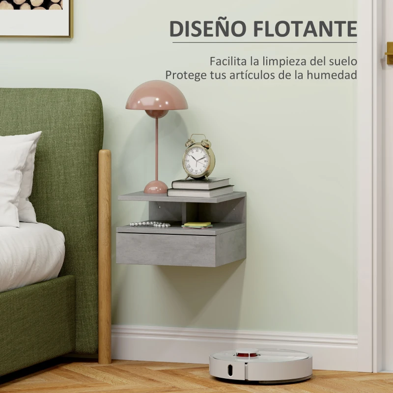 HOMCOM 2 Mesitas de Noche Flotantes con 1 Cajón y Estante Abierto Diseño Moderno 35x32x22,5 cm Gris