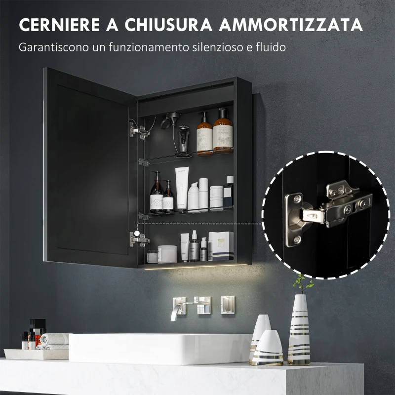 HOMCOM Armadietto Bagno con Specchiera, Luci LED Regolabili e Funzione Anti-Appannamento, Nero