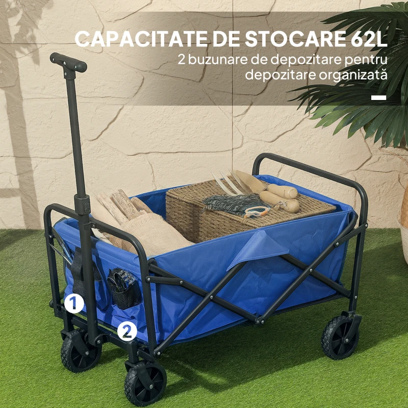Outsunny Trolley de 62L pentru Festivaluri pe Roți, Cărucior de Grădină Pliabil, Wagon Compact cu Capacitate 120kg, Mâner Reglabil și Geantă pentru Plajă, Camping, Festivaluri, Albastru