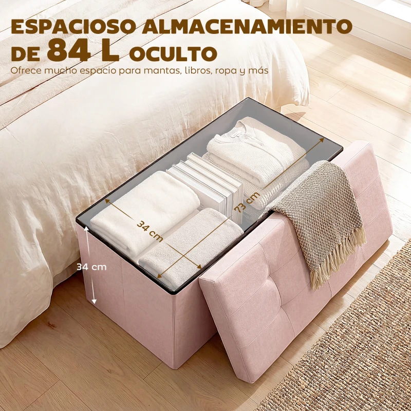 HOMCOM Puff Almacenaje, Banco Almacenaje Plegable 84 L 76x38x38 cm Tapizado en Lino Sintético Baúl de Almacenamiento Rosa