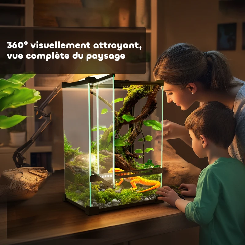 PawHut Terrarium en verre pour reptiles vivarium 12 L avec couvercle en treillis métallique, 20 x 20 x 30 cm, noir