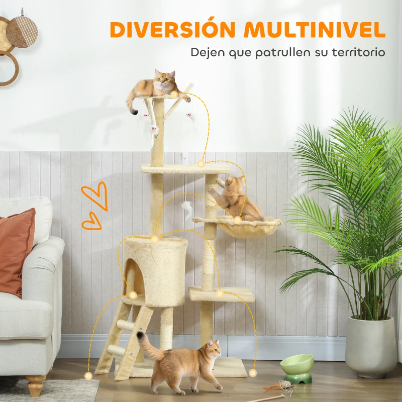 PawHut Árbol Rascador para Gatos Altura 134 cm con 6 Postes 3 Plataformas Cueva Hamaca Escalera 4 Juguetes Colgantes Beige