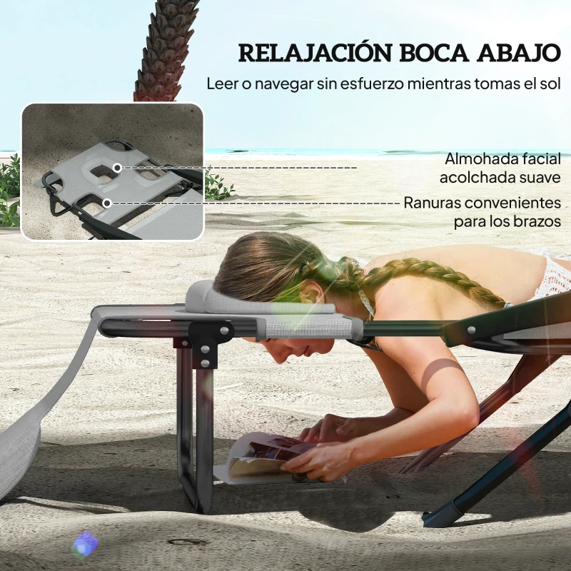 Outsunny Tumbona Plegable Respaldo Ajustable Orificio de Lectura Reposacabezas y Brazos Carga 120 kg 145x72x89 cm Gris Oscuro