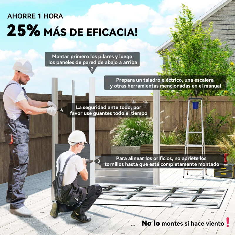 Outsunny Cobertizo de Jardín Exterior 4,4 m² 240x206x198 cm con Base Puerta Corredera y Cerradura 4 Ventanas para Patio Gris