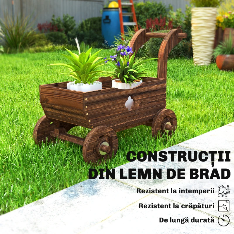Outsunny Strat Înălțat pentru Grădină în Formă de Cărucior cu 4 Roți și Mâner, Ghiveci din Lemn de Molid cu Găuri de Drenaj, pentru Balcon, Terasă, 68x38x52 cm, Finisaj Carbonizat