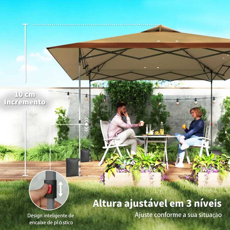 Outsunny Tenda Dobrável Pop-up 4x4 m com Bloqueio Central UPF50+ Altura Ajustável Sacos de Areia e Bolsa com Rodas Bege e Castanho