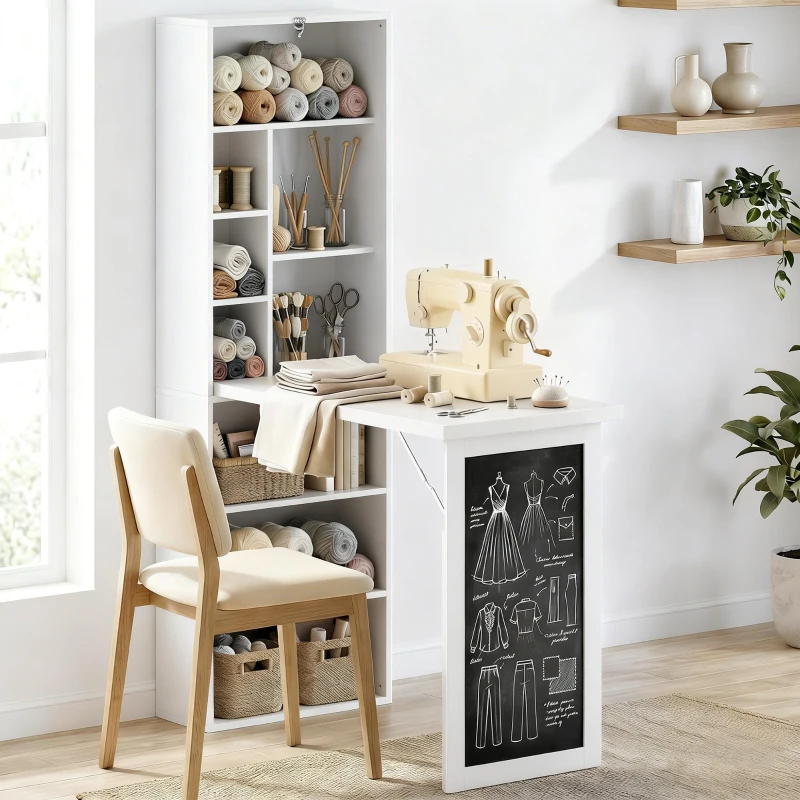 HOMCOM Bureau avec rangement pliable murale rabattable avec bibliothèque poste de travail tableau à craie et étagère réglable