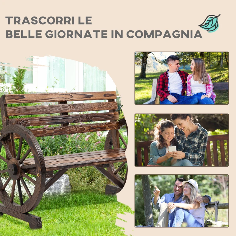 Outsunny Panchina da Giardino 2 Posti a Doghe con Braccioli a Ruota di Carro, in Legno, 105.5x56x79 cm, Marrone Bruciato