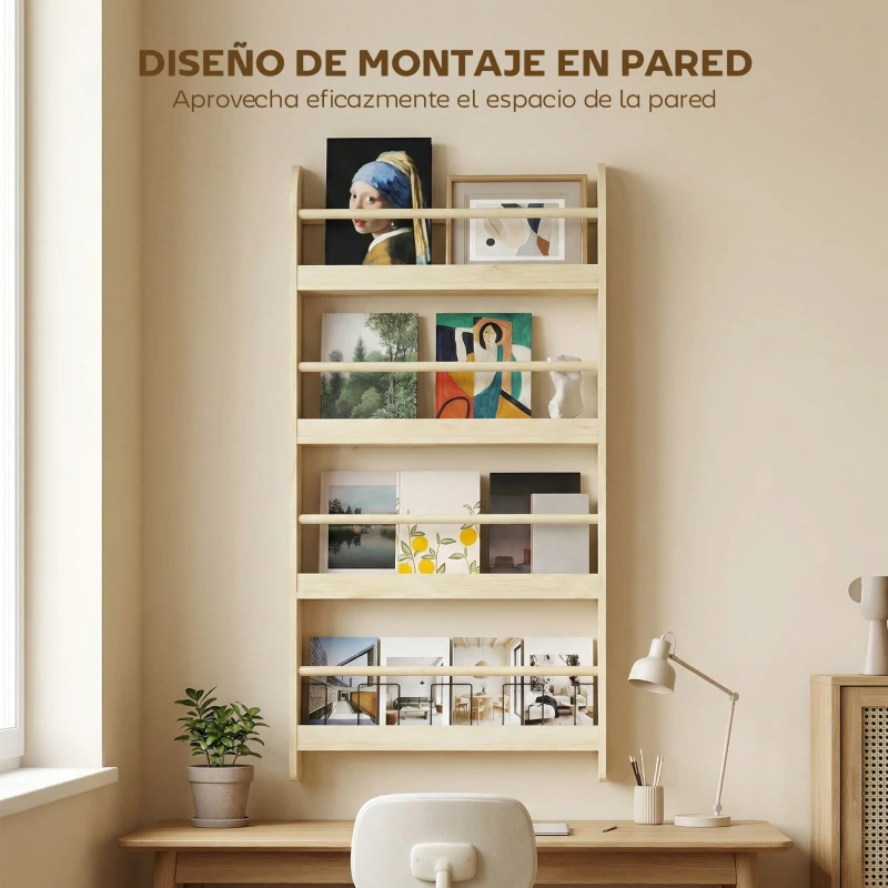 HOMCOM Estantería de Pared de Libros con 4 Estantes Librería Infantil para Hogar Oficina Carga 30kg 59x12x113cm Natural