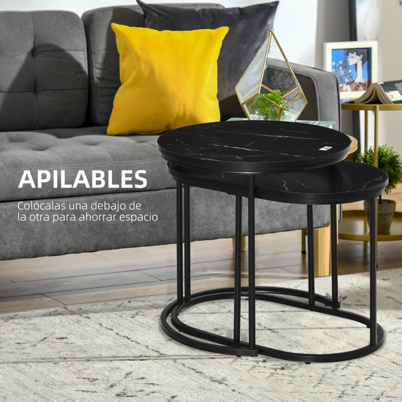 HOMCOM Juego de 2 Mesas de Centro Mesitas Auxiliares Tablero con Efecto Mármol Marco de Acero Negro
