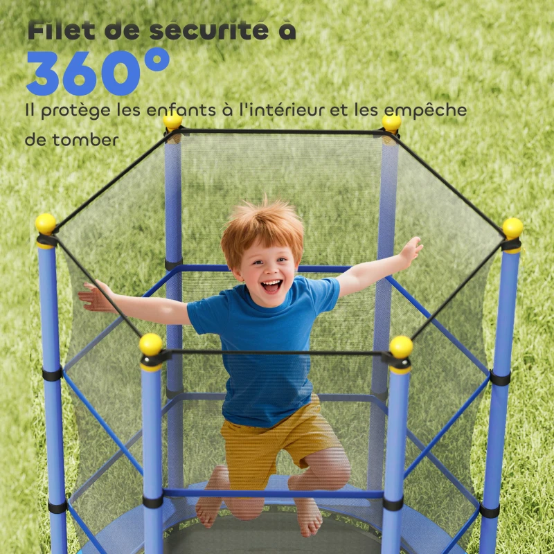 HOMCOM Trampoline Enfant Ø 1,40 × 1,90H m Filet de sécurité Porte zipée Couvre-Ressorts 6 poteaux rembourrés Inclus Bleu