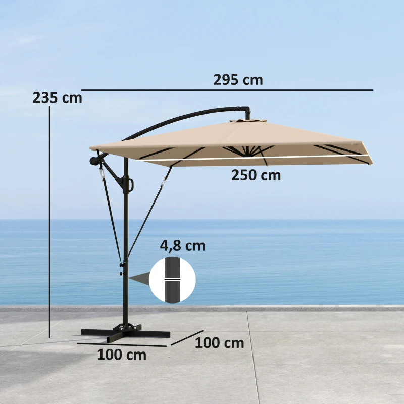 Outsunny Umbrelă Suspendată 2.5x2.5 m cu Acoperire, Corzi Antivânt, Bază în Cruce și Manivelă, Umbrelă de Grădină Inclinabilă și Rotativă 360° din Metal și Poliester 180 g/m², UV50+, Gri