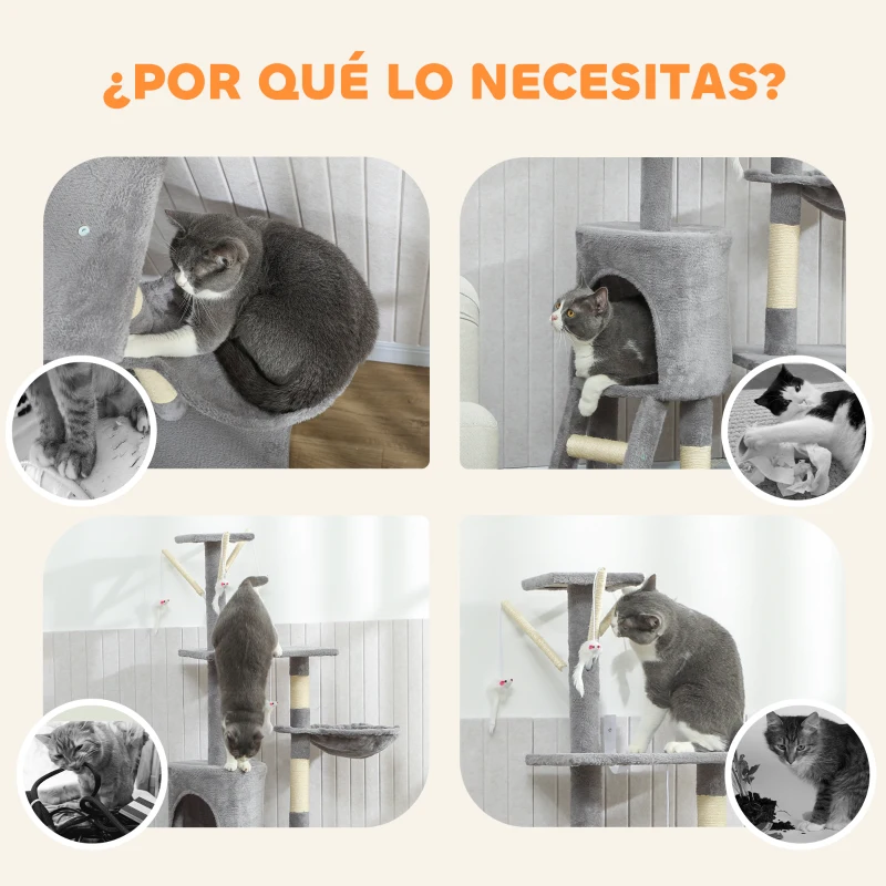 PawHut Árbol Rascador para Gatos Altura 134 cm con 6 Postes 3 Plataformas Cueva Hamaca Escalera 4 Juguetes Colgantes Gris