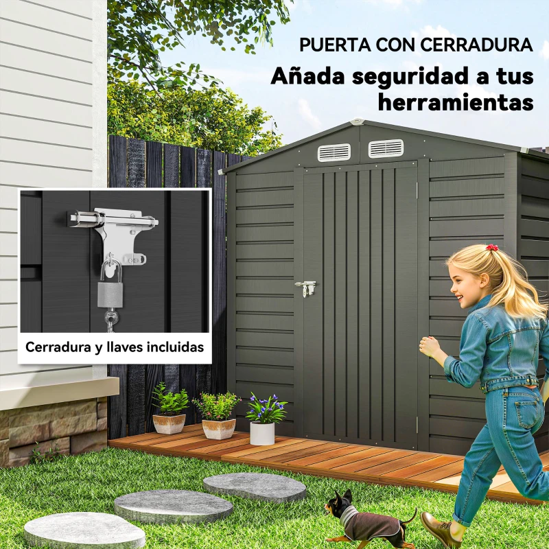 Outsunny Caseta de Jardín Exterior 190x131x188 cm Cobertizo Metálico con 2 Ventilaciones y Puerta para Herramientas Gris