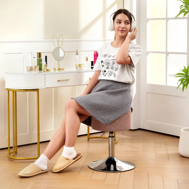 HOMCOM Swivel Bar Stool, Corduroy Upholstered Height Adjustable Barstool with Gas Lift and Steel Base for Makeup, Dining, Kitchen, Pink