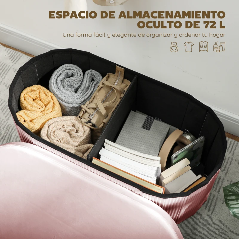 HOMCOM Puff Almacenaje Banco Almacenaje Plegable 72 L 76x38x35 cm Tapizado en Terciopelo Baúl de Almacenamiento Rosa