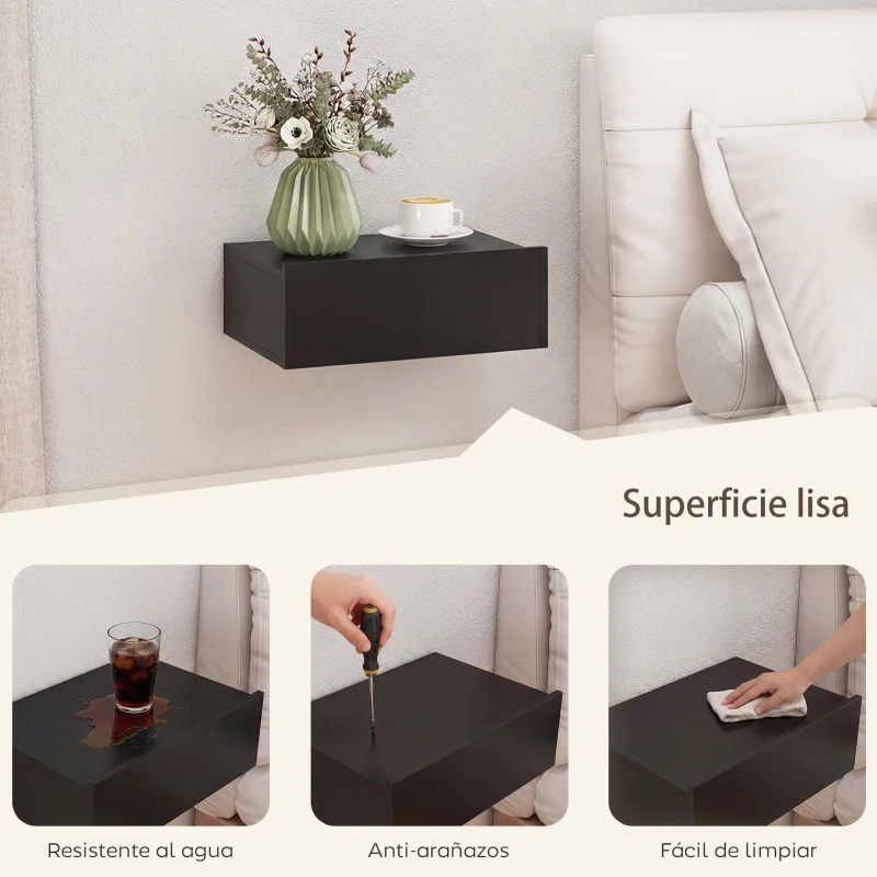 HOMCOM Set de 2 Mesillas de Noche de Pared Mesitas de Noche Flotantes con 1 Cajón para Dormitorio 40x30x15 cm Negro