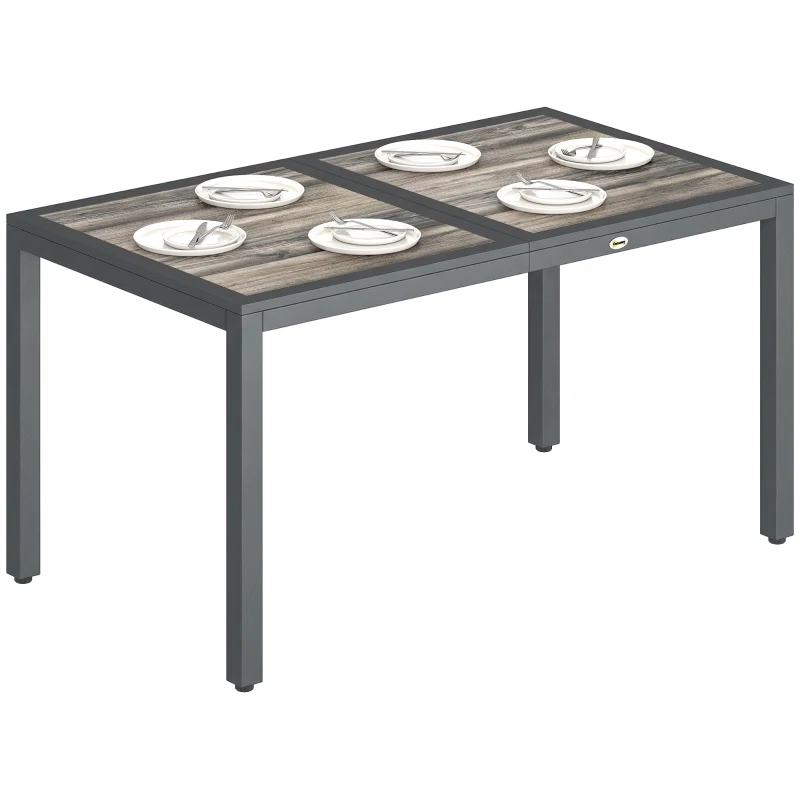 Outsunny Tavolo da giardino per 4-6 persone con piano effetto legno, 140x80x72 cm, Grigio scuro