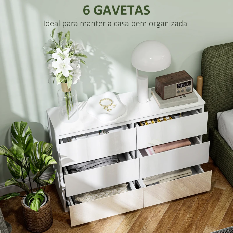 HOMCOM Cómoda com 6 Gavetas de Madeira Cómoda de Dormitório Cómoda Branca Estilo Moderno 112x34x75 cm Branco Brilhante