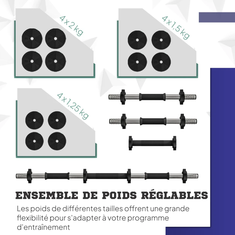 SPORTNOW Haltères 2 en 1 réglables, haltères libres avec poignées antidérapantes, 20 KG - Barres incluses