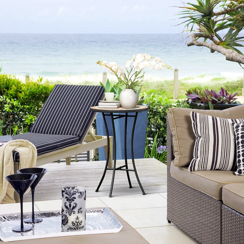 Outsunny Masă Rotundă Laterală Ø35,5cm – Masă de Patio Impermeabilă cu Design Mozaic, Măsuță din Metal pentru Living, Birou, Interior și Exterior – Galben și Gri