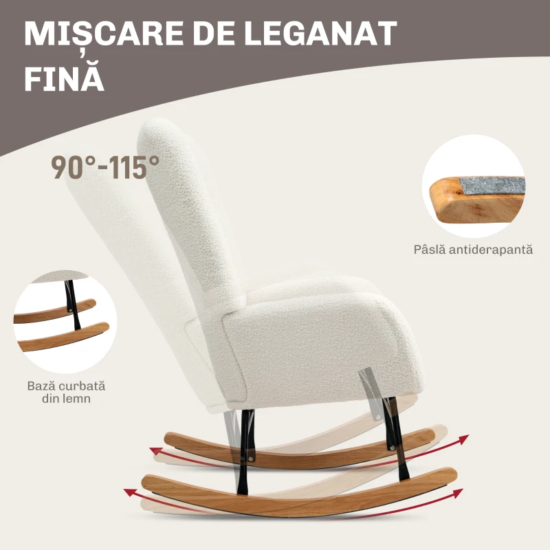 HOMCOM Balansoar, Fotoliu din Catifea Teddy, Scaun Relax cu Picioare din Lemn, Balansoar pentru Dormitor și Living, Alb Crem