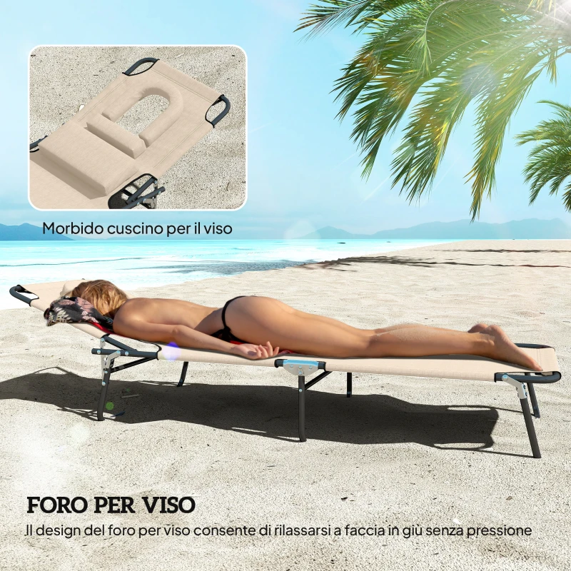 Outsunny Lettino Prendisole Pieghevole con Foro per il Viso Imbottito e Schienale Reclinabile, Beige