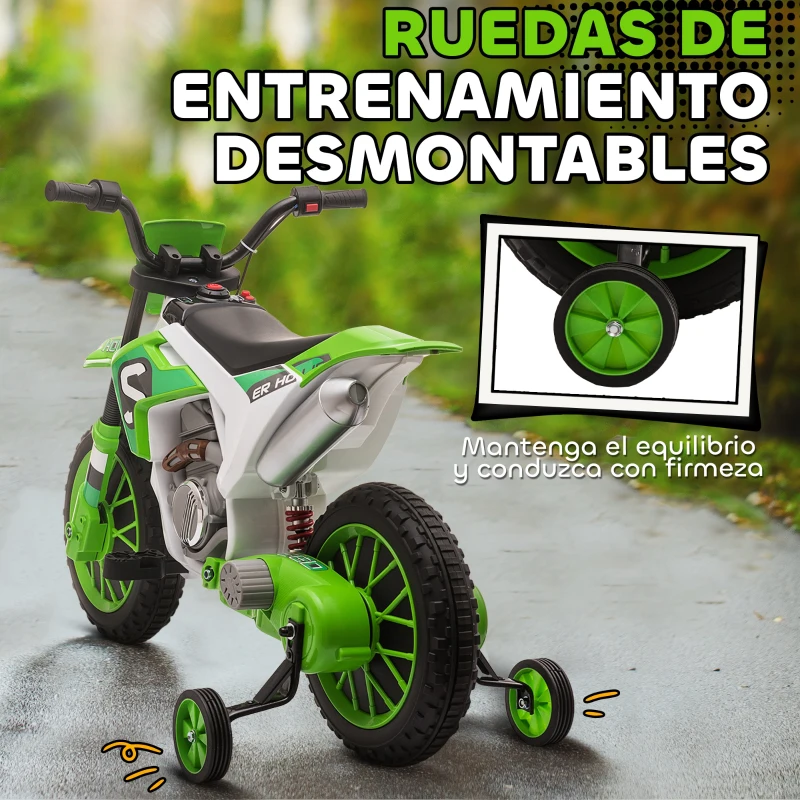 HOMCOM Moto Eléctrica para Niños de +3 Años 12V Moto de Juguete Infantil con 2 Ruedas de Equilibrio Velocidad 3-8 km/h Arranque Suave 106,5x51,5x68 cm Verde