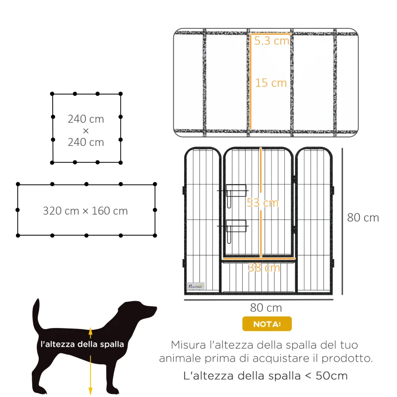 PawHut Recinto per Cani a 12 Pannelli Modulabili da 80x1.5x80 cm, Pieghevole con Porta in Acciaio, 12 Picchetti, Grigio