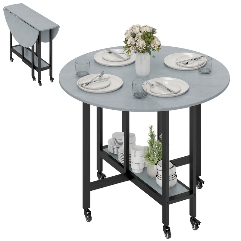 HOMCOM Mesa de Comedor Plegable con Ruedas y Estante Abierto Mesa de Cocina para Espacios Pequeños Gris Cemento