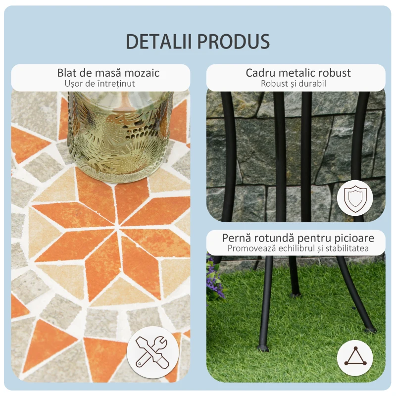 Outsunny Masă Rotundă Laterală Ø35,5cm – Masă de Patio Impermeabilă cu Design Mozaic, Măsuță din Metal pentru Living, Birou, Interior și Exterior – Galben și Gri