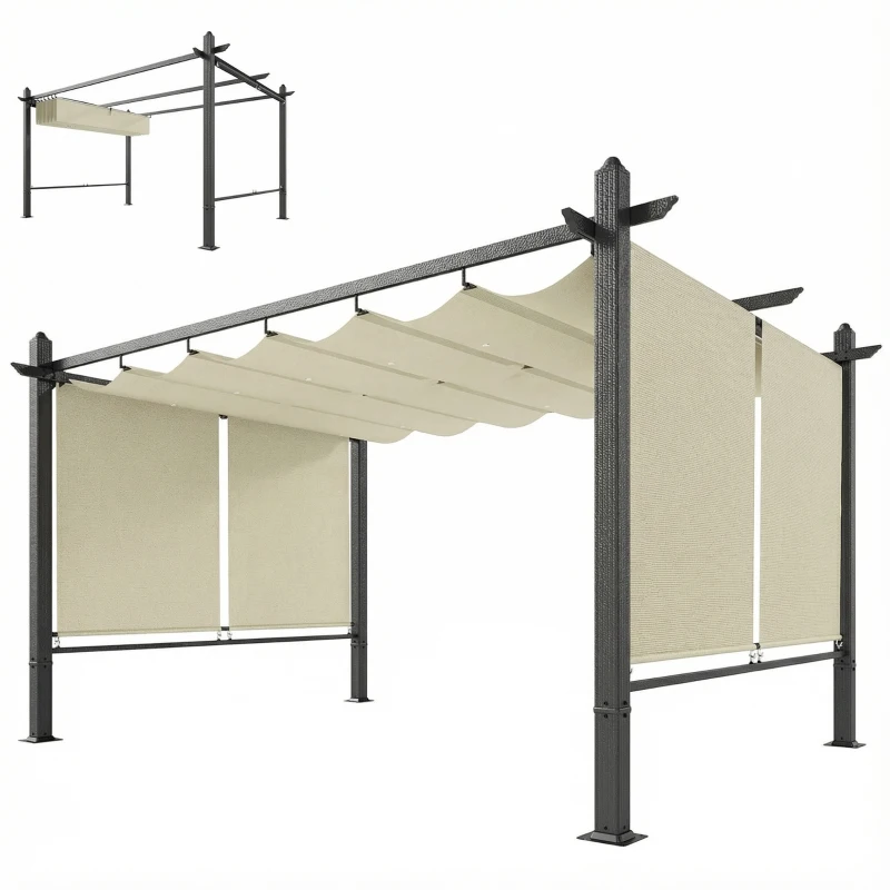 Outsunny Pérgola de Jardín 4x3 m con Cortinas Enrollables Automáticas y Techo Retráctil Cenador de Jardín con UPF50+ Crema