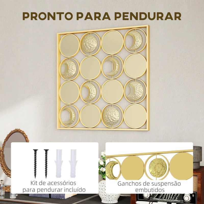 HOMCOM Decoração de Parede Metálica de Fases Lunares com 16 Discos para Sala Quarto Corredor 67,9x67,9 Dourado