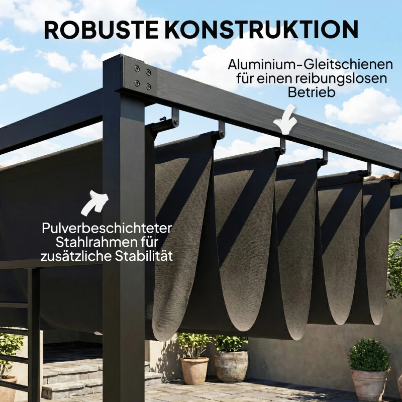 Outsunny Pergola 3,87 x 2,97 m Terrassenüberdachung mit Schiebedach, 2 Sichtschutz, UV 50+ Dunkelgrau