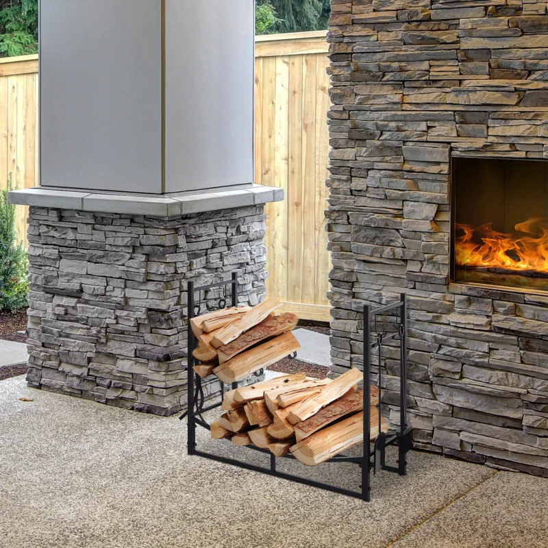 Outsunny Porte bûches - Range bûches Serviteur de cheminée - Multi Accessoires étagère bûche et Petit Bois métal Noir