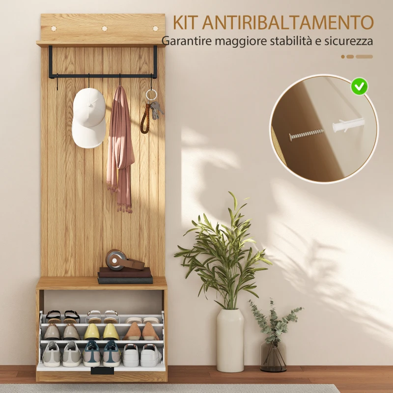 HOMCOM Mobile da Ingresso con Panca Scarpiera e Appendiabiti con 4 Ganci, 60x30x170 cm, Rovere e Bianco