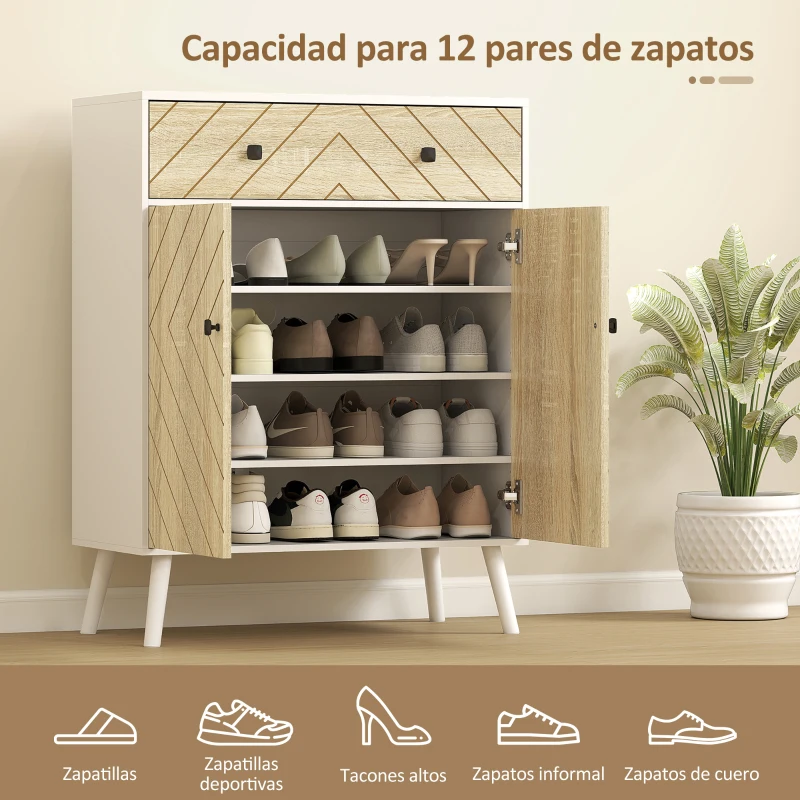 HOMCOM Zapatero Entrada Recibidor con 2 Puertas Estantes Ajustables Cajón para 12 Pares de Zapatos 75x35x97 cm Blanco y Natural