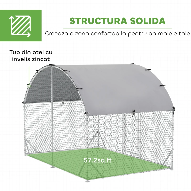 PawHut Coteț pentru Găini de Exterior, 2.8x2x2m Recinte din Oțel Zincat cu Acoperiș Impermeabil Anti-UV și Încuietoare, Cușcă pentru 4-6 Păsări, Iepuri și Rațe