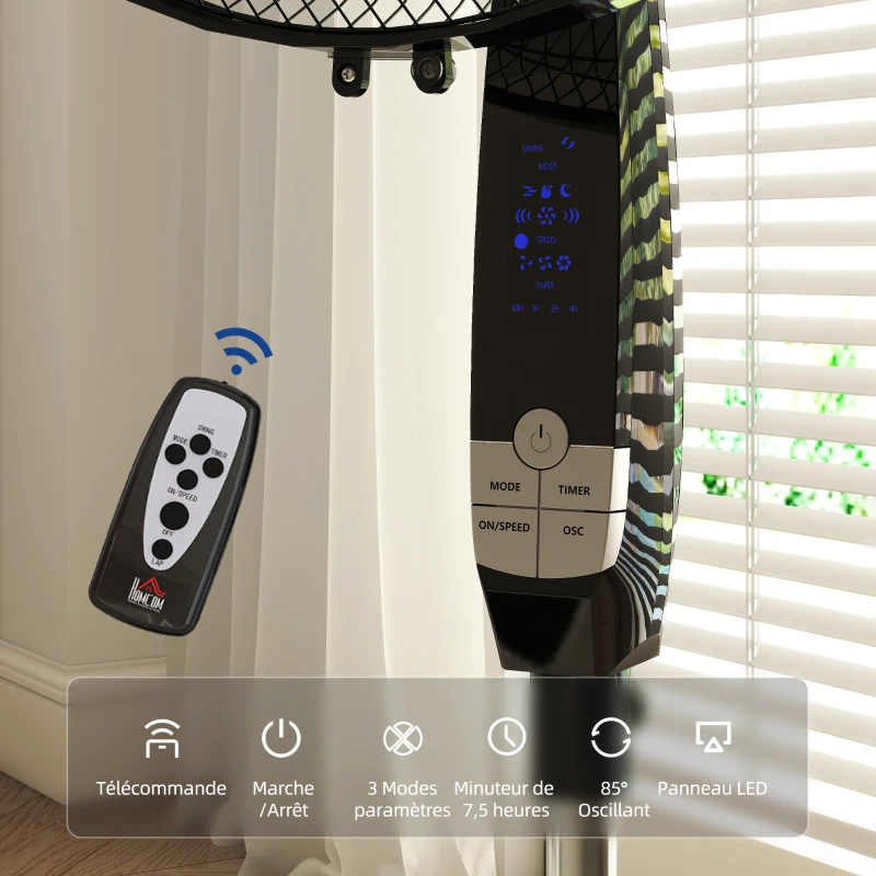 HOMCOM Ventilateur sur pied hauteur réglable oscillant 85° 3 vitesses 50 W avec écran LED télécommande minuterie Ø 42 cm noir