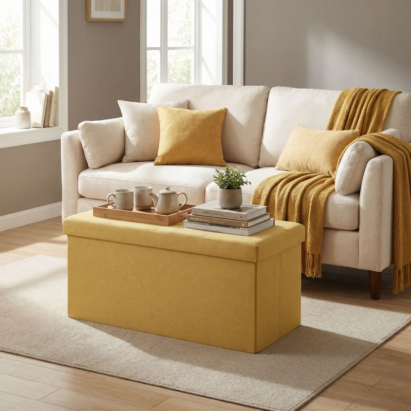 HOMCOM Puff Almacenaje, Banco Almacenaje Plegable 84 L 76x38x38 cm Tapizado en Lino Sintético Amarillo