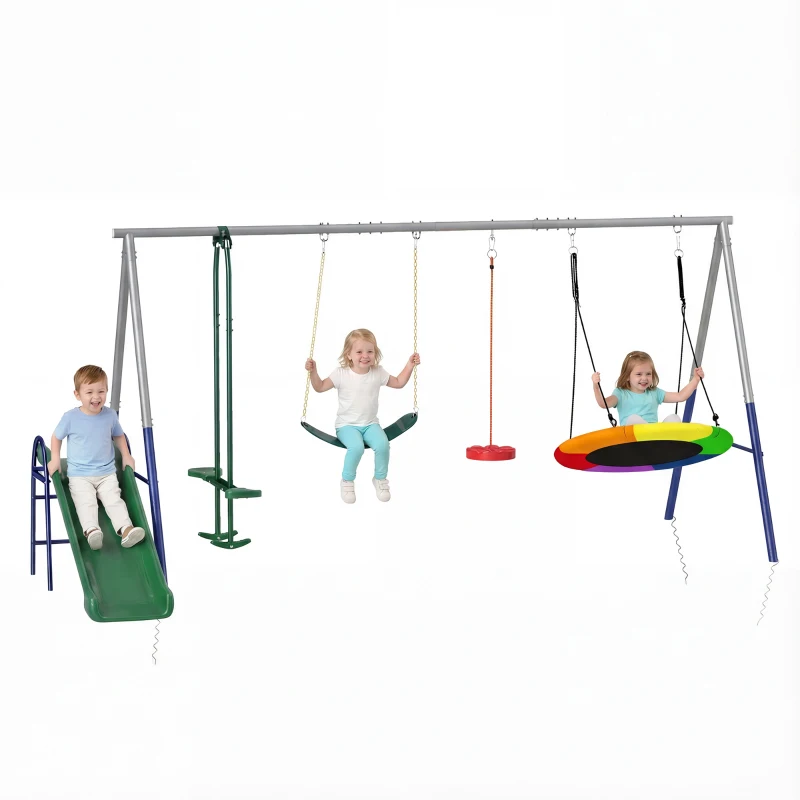 AIYAPLAY Columpio Infantil 5 en 1 con Tobogán, 3 Columpios, Cara a Cara, Altura Ajustable, 3-8 años, Multicolor
