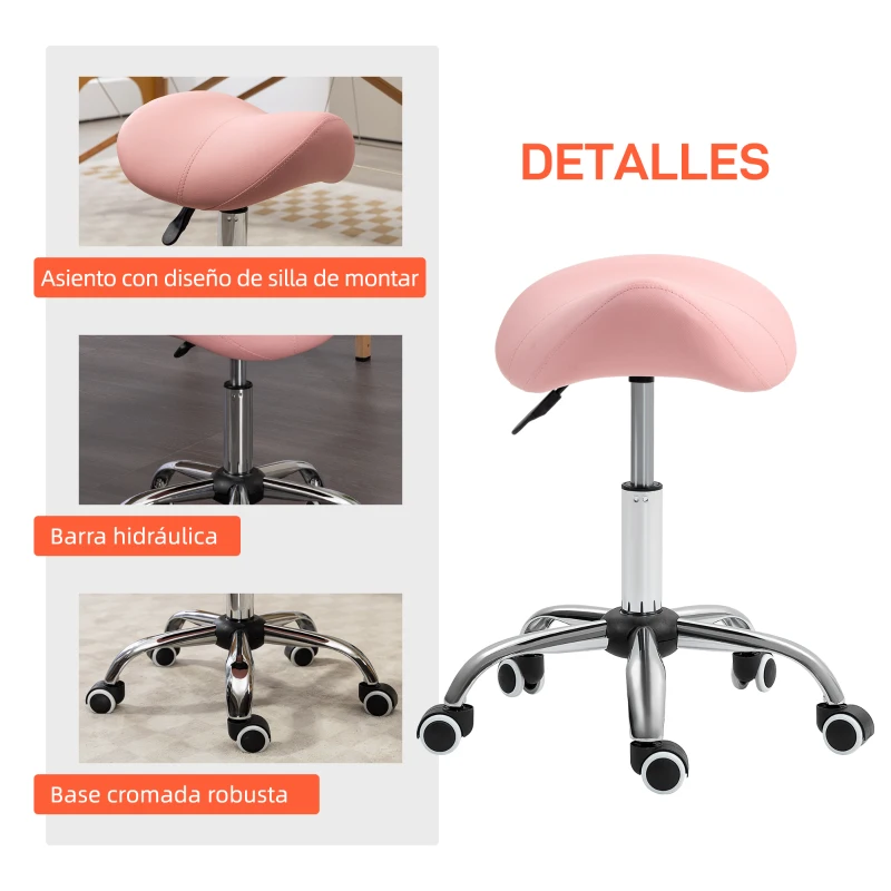 HOMCOM Taburete con Ruedas Taburete Giratoria con Altura Ajustable Taburete Cosmética Dentista Peluqueria 52x53x49-61 cm Rosa
