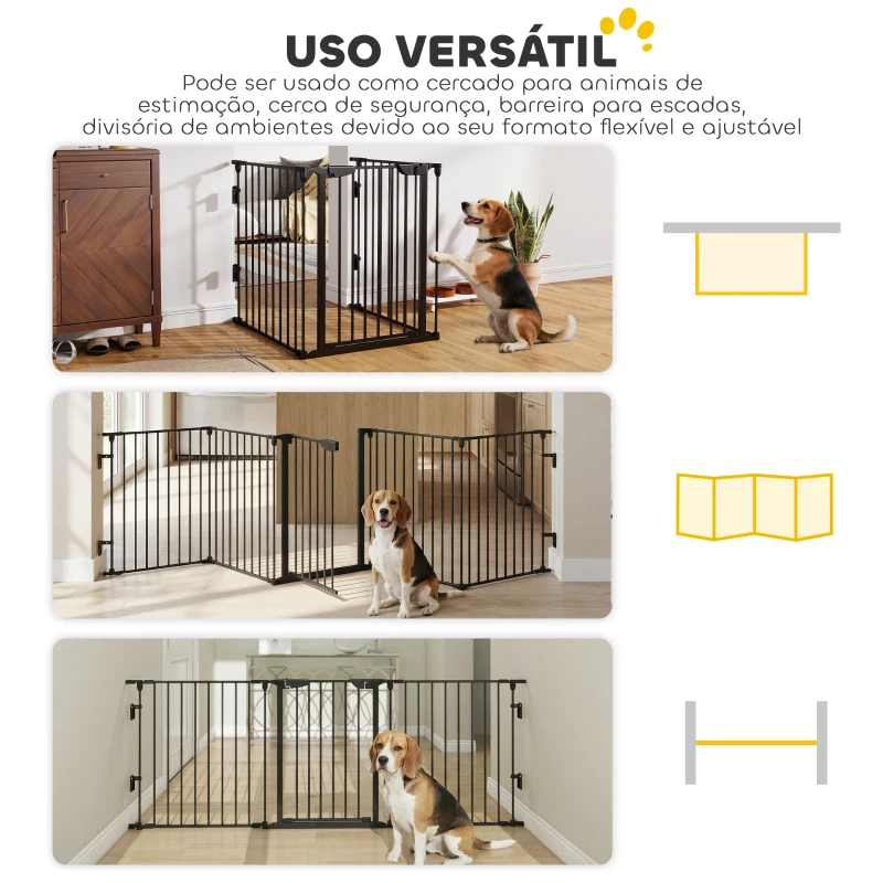 PawHut Barreira de Segurança para Animais de Estimação Barreira Dobrável de 5 Painéis com Fechadura Inteligente 300x74,5 cm Preto