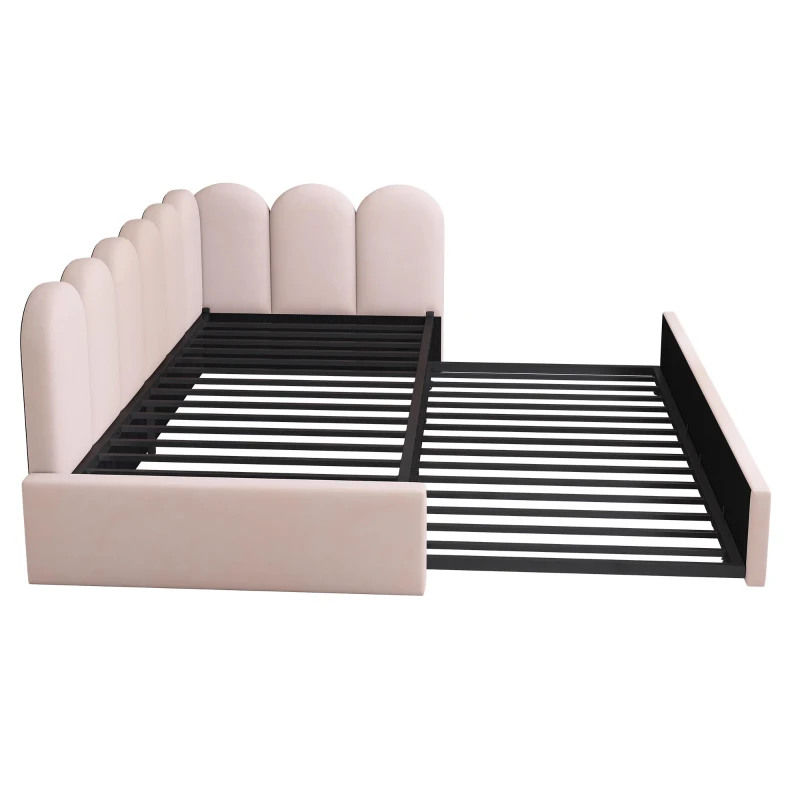 Cama tipo daybed tapizada con cama extraíble, sofá cama 2 en 1 con tapizado de terciopelo y somier de lamas, sin colchón, cama principal 90x200 cm / cama extraíble 90x190 cm, Rosa
