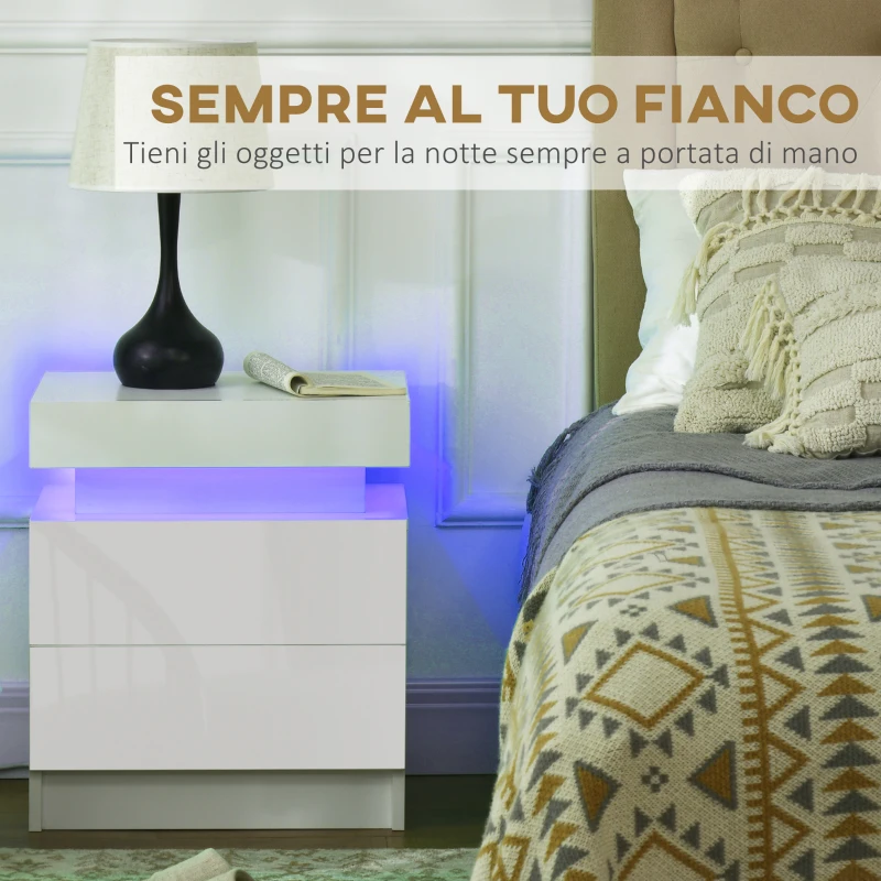 HOMCOM Comodino LED RGB con 2 cassetti, 4 Modalità di luce e 16 colori, in Legno, 45x35x52 cm, Bianco