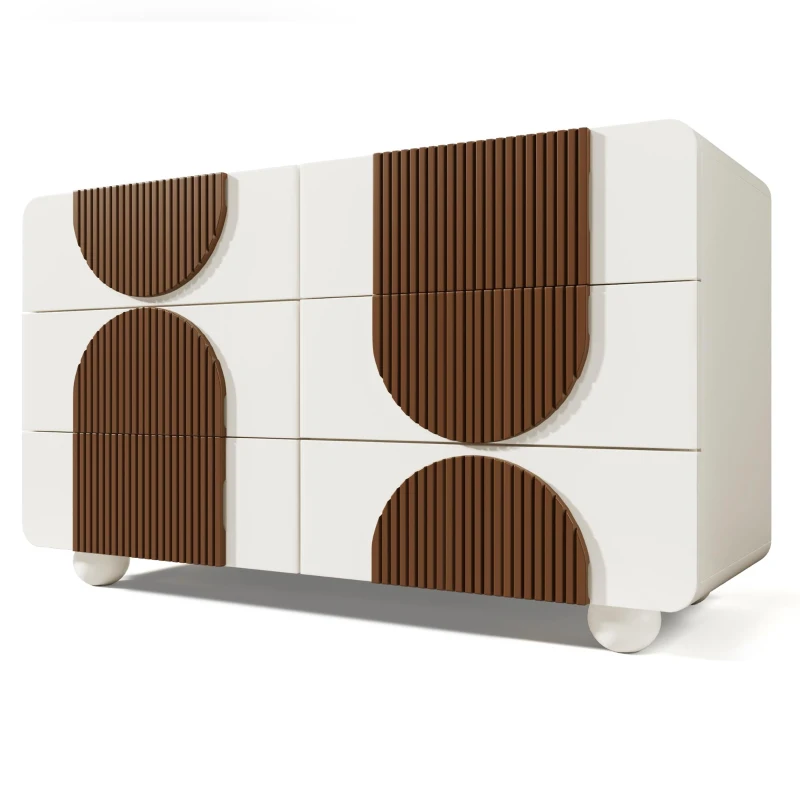 Cómoda con 6 cajones, con listones de madera color chocolate y patas esféricas de madera maciza blancas, 121x41x71 cm, Blanco