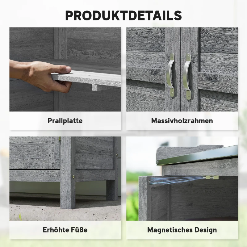Outsunny Gartenschrank mit Pflanztisch, Holz Geräteschuppen mit verzinkter Arbeitsplatte 2 Regalböden Grau