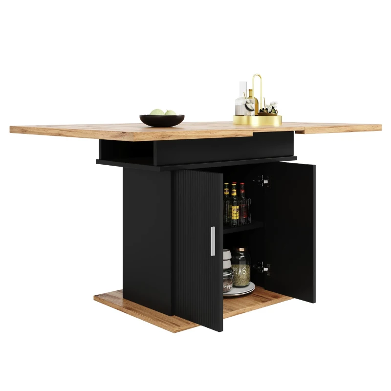 Mesa de comedor extensible con 3 niveles de almacenaje, 110-140L x 70AN x 76AL cm, Negro