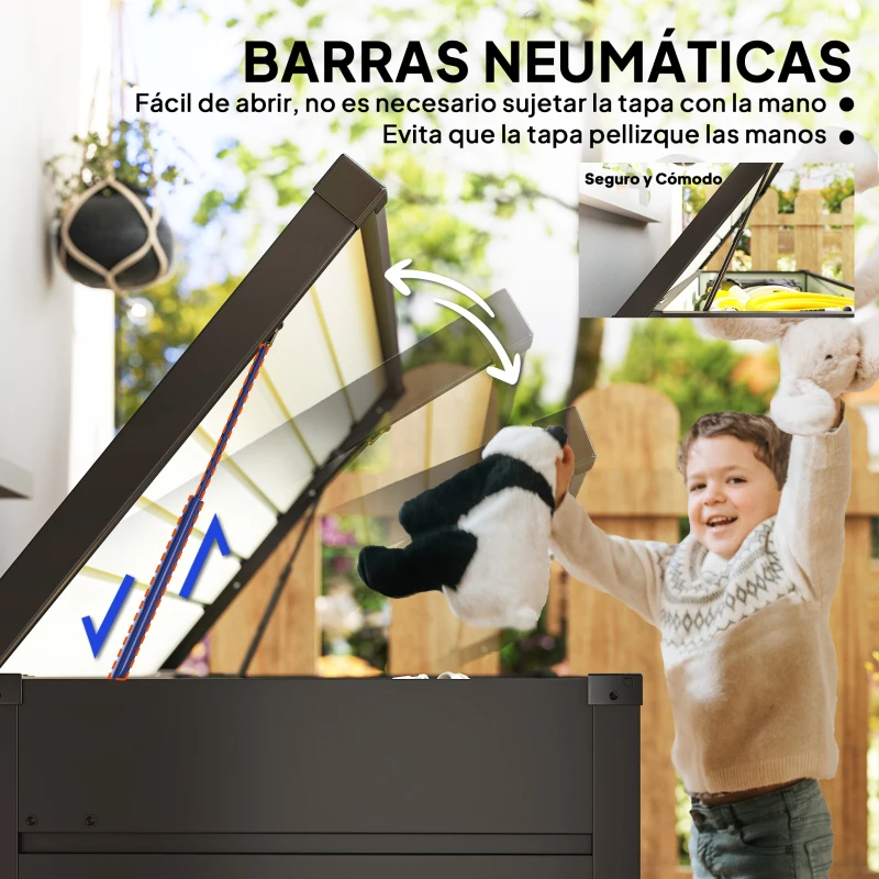 Outsunny Arcón Exterior Capacidad 311L Baúl de Almacenaje de Acero con Cerradura Llave Pistones Neumáticos 120x62x62 cm Gris
