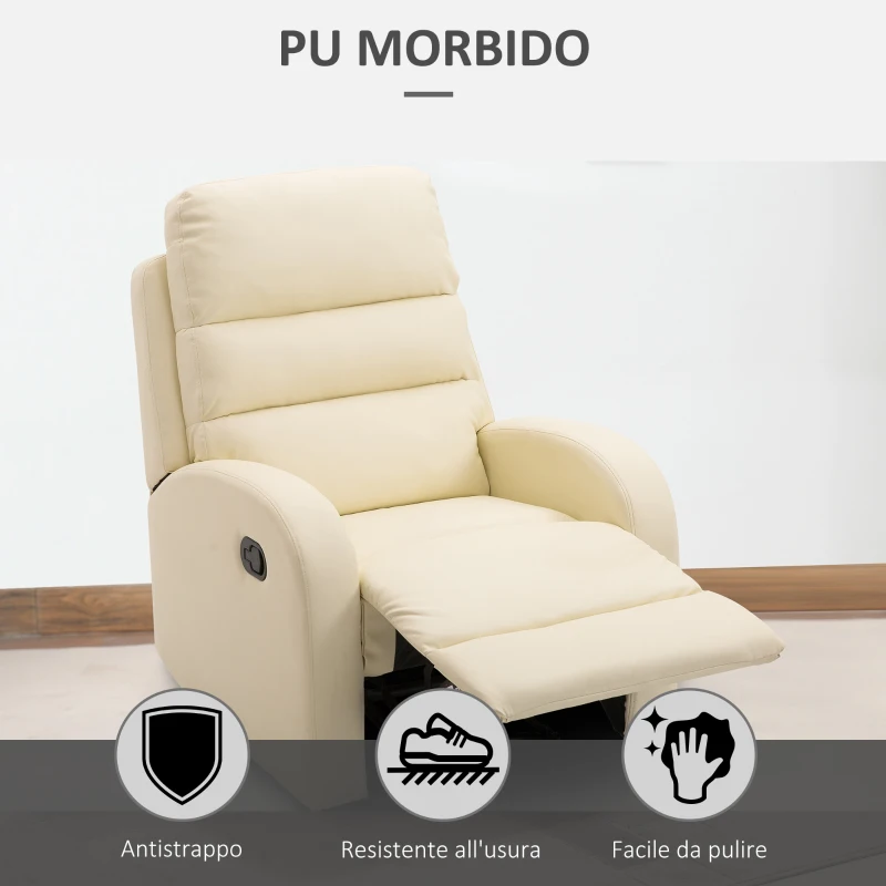 HOMCOM Fotoliu Relax Rabatabil cu Taburet in Piele Ecologica,Crem